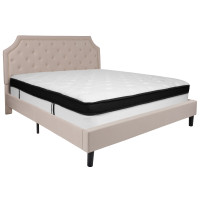 Flash Furniture SL-BMF-4-GG Brighton King Size Tufted Upholstered Platform Bed in Beige Fabric with Memory Foam Mattress
